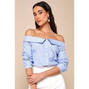 Lulus Posh Poise Blue Striped Cotton Off-the-shoulder Button-up Top - Size XS